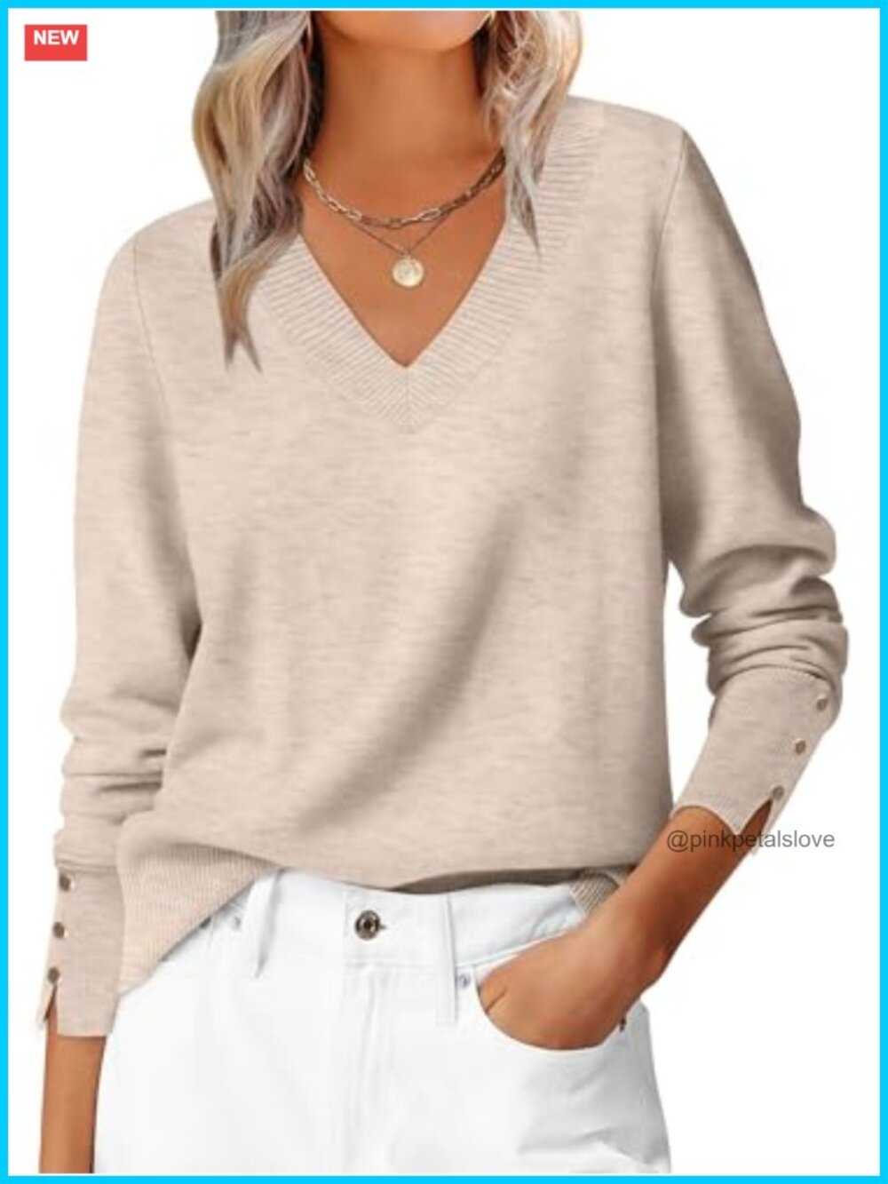 Women's Lightweight Knit V-Neck Pullover Sweater Long Sleeve Ribbed Cuffs